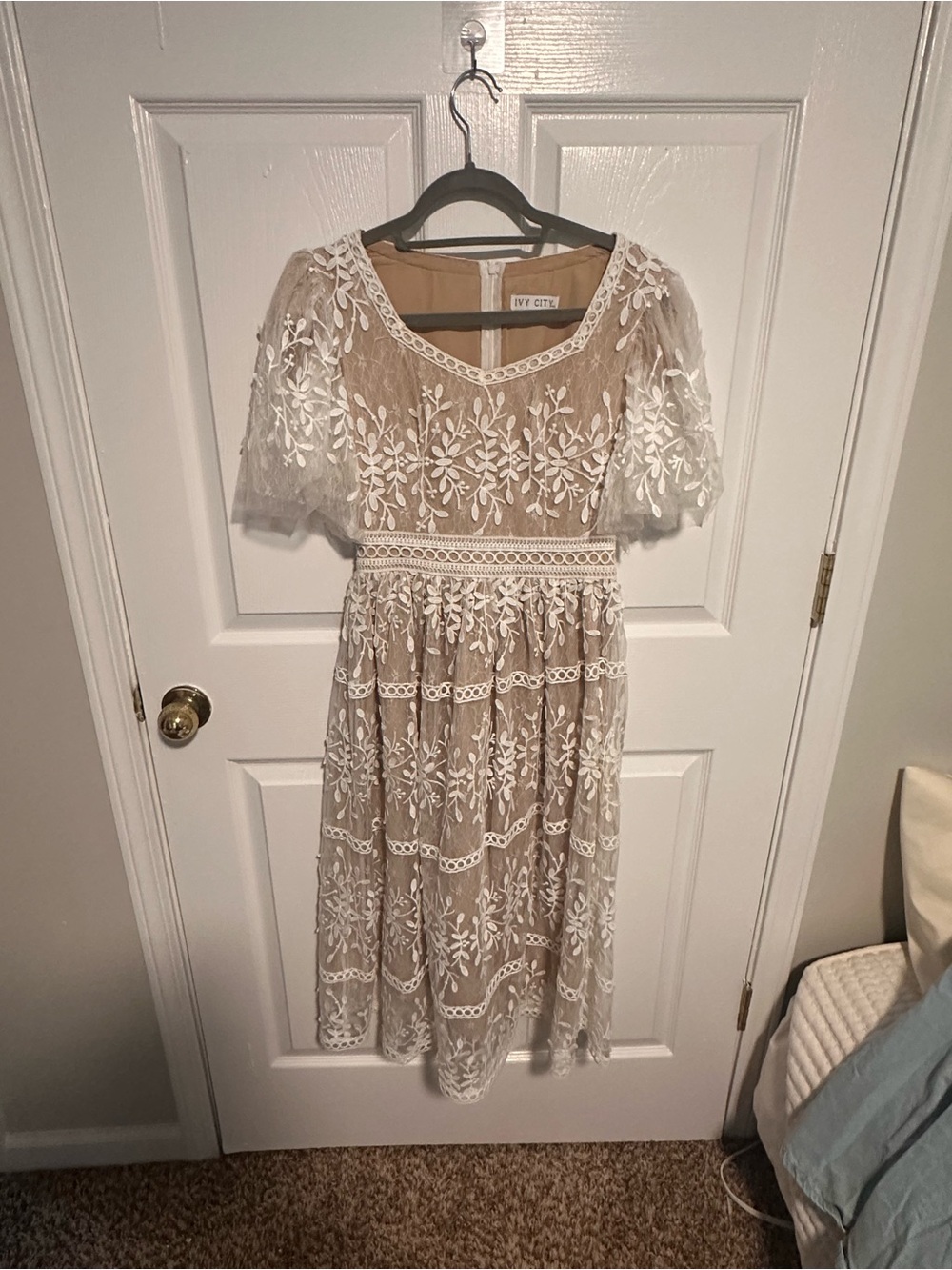 Beige Lace Midi Dress with White Floral Embroidery